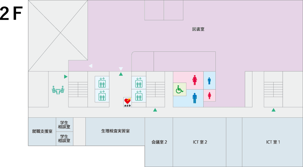 駅前キャンパスのフロアマップ。エレベーター、トイレ、会議室の位置が示されています。