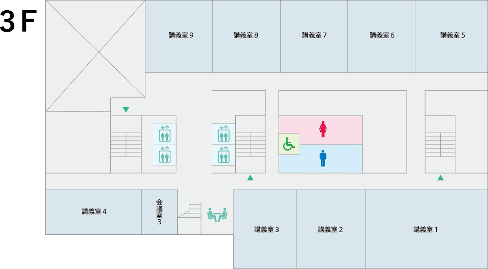 駅前キャンパスのフロアマップ。講義室やトイレの位置が示されている。