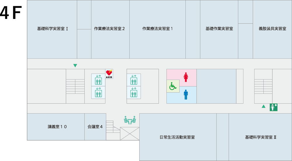 駅前キャンパスの4階フロアマップ、トイレや会議室の位置が示されています。