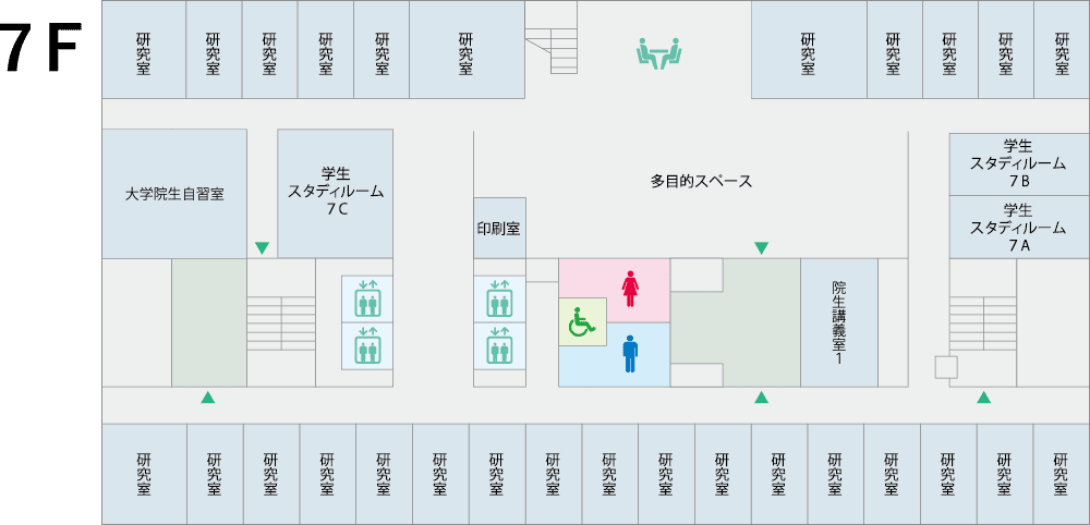 駅前キャンパスのフロアマップ。多目的スペースやトイレの位置が示されています。