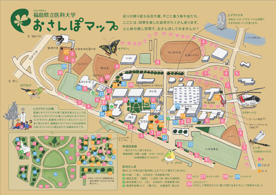 福島県立医科大学のキャンパスマップ。施設や緑地が示され、学生や訪問者向けの情報が記載されています。