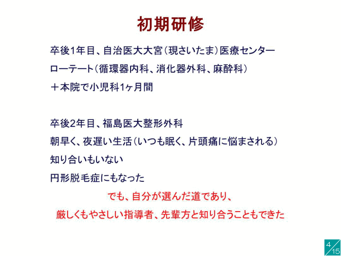 初期研修の内容と経験についてのスライド。福島県立医科大学の医療教育に関連。