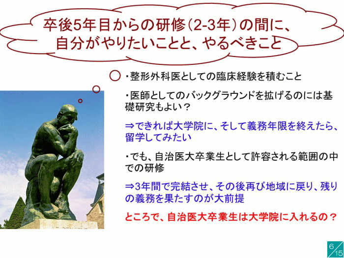 卒業後のキャリアパスについて考える講演のスライド、思索する人物の像が描かれています。