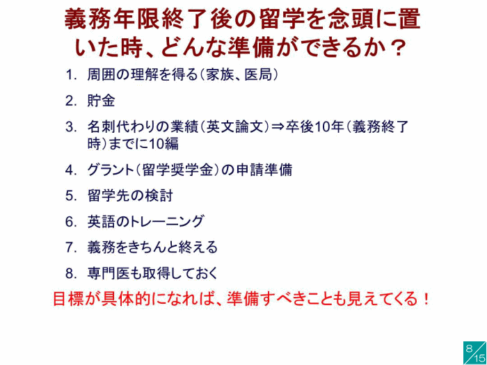 義務年限終了後の留学準備に関するポイントが記載されたスライド。