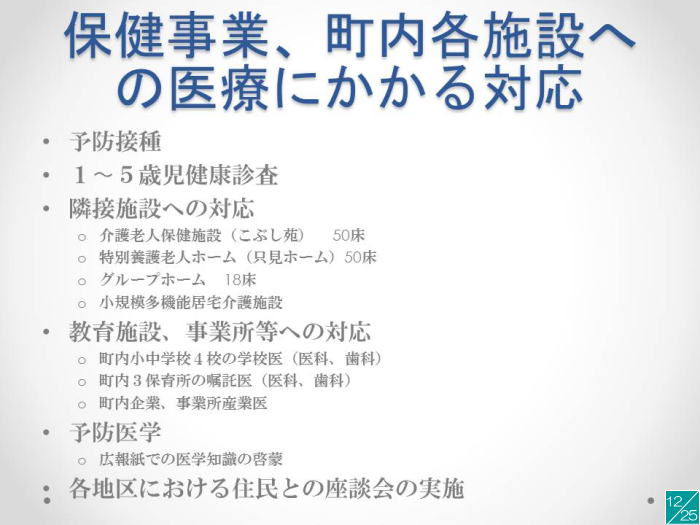 地域医療に関する講演資料で、予防接種や健康診査、教育活動についての情報が記載されています。