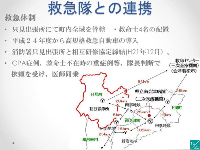 救急隊の連携を示す地図。福島県内の救急医療機関の配置と距離が示されている。