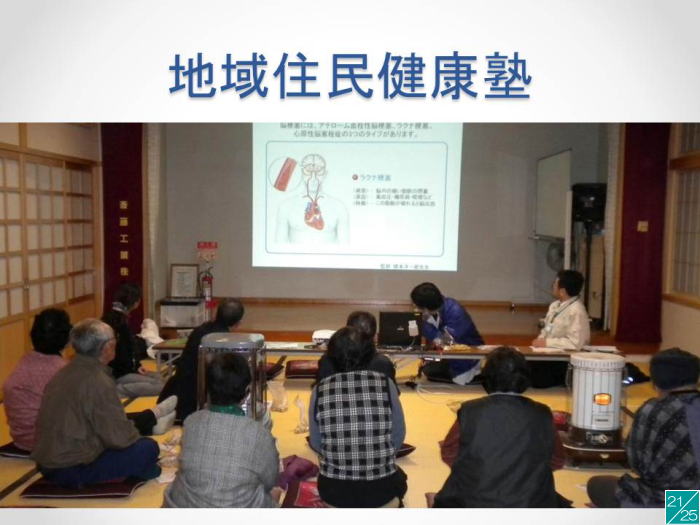 地域住民が集まり、健康に関する講演を受けている様子。スクリーンには健康情報が表示されている。