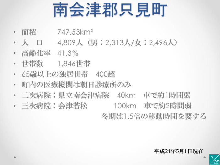 南会津郡只見町の地域医療に関するデータを示すスライド。人口や高齢化率、医療機関の距離などの情報が記載されている。