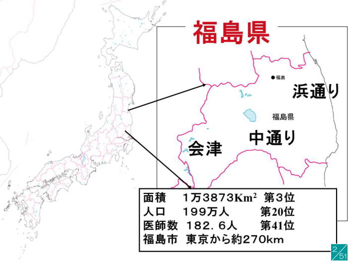福島県の地図と主要な地域、人口、医師数を示した情報。