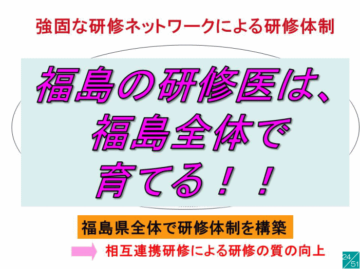 福島県の地域医療に関する講演資料で、「福島の研修医は、福島全体で育てる！！」と強調されたスライド。