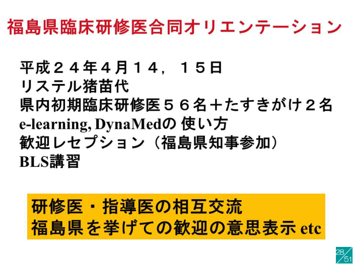 福島県臨床研修医合同オリエンテーションの案内が記載されたスライド。