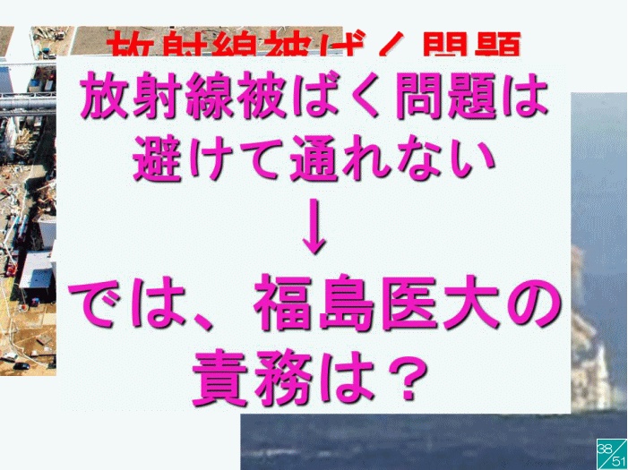 福島医大の講演スライド、放射線被ばく問題に関する問いかけが記載されている。