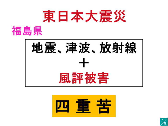 東日本大震災に関する講演資料のスライド、福島県の地震、津波、放射線、風評被害について説明。