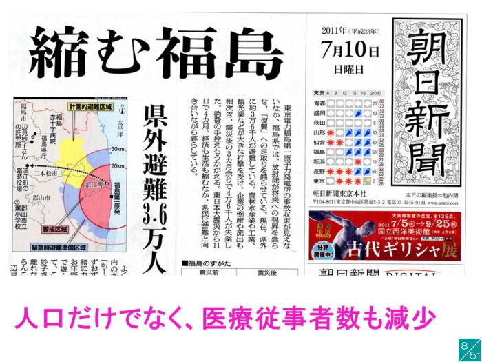 福島県の医療従事者数の減少と避難者数を報じる新聞記事の一部。