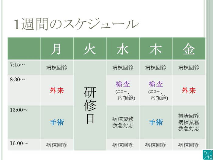 1週間の医療機関でのスケジュールを示す表、月曜日から金曜日までの診察や研修の時間が記載されています。