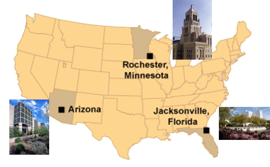 メイヨークリニックの位置を示すアメリカ地図と、ロチェスター、フロリダの建物の画像。