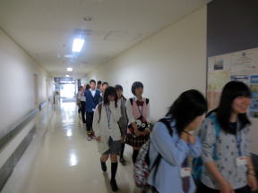 医療系セミナーの見学に向かう学生たちが廊下を歩いている様子。