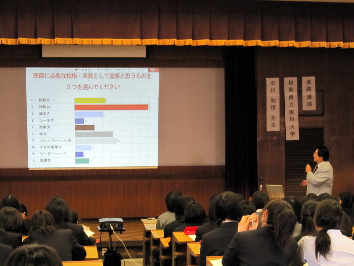 出前講座で桜の聖母学院高等学校の生徒に医療について説明する講師と、スクリーンに表示されたグラフ。