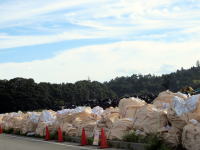 福島県の道路脇に積まれた大量の廃棄物袋と赤いコーンが並ぶ風景。青空が広がる。