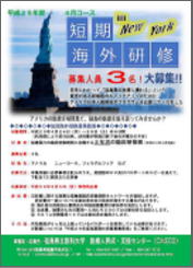 ニューヨークの自由の女神像を背景にした海外研修の案内ポスター。参加者や日程が記載されている。