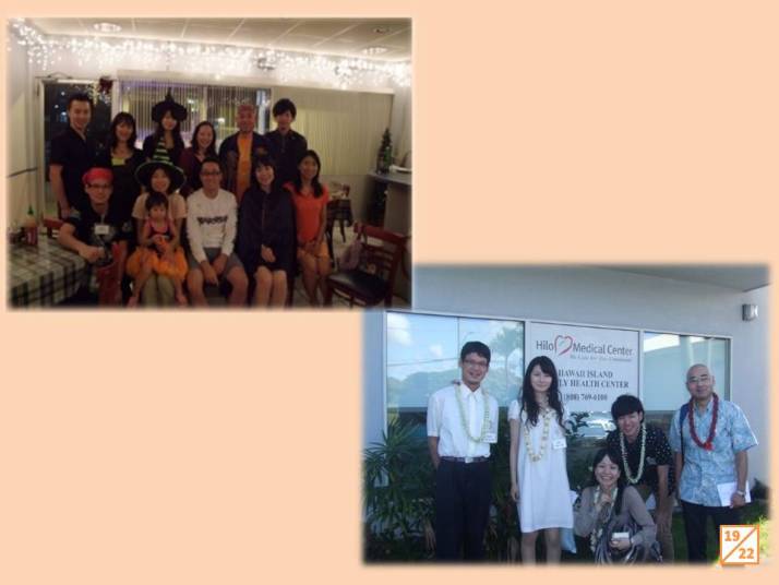 医療関連のイベントでの参加者たちが集まった写真。上部には多くの人々が笑顔でポーズをとり、下部には数名が医療センターの前で立っている。