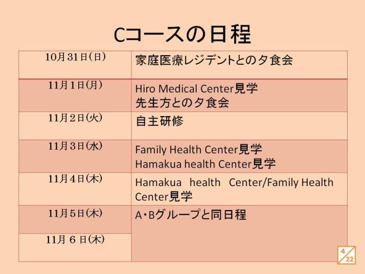 Cコースの日程が記載された表。医療見学や研修の日程が含まれている。