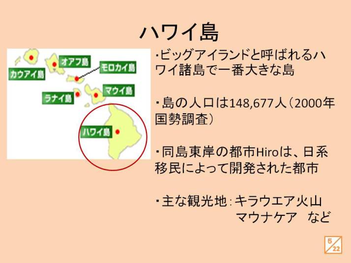 ハワイ島の地図と主要観光地を示したスライド。人口や都市情報も記載。