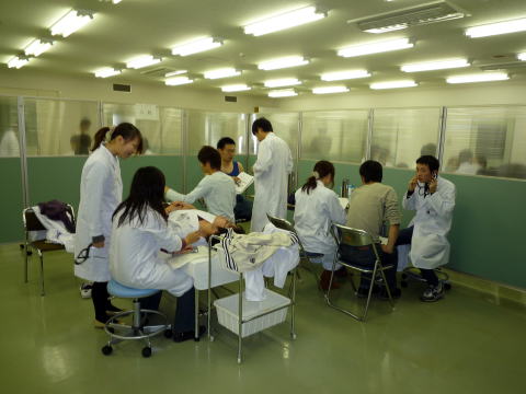 医療現場での学生たちが患者に対して診察や治療を行っているオープンスペースの様子。