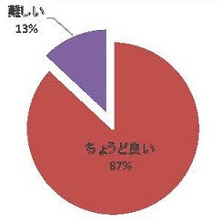 平成27年度腹部エコーセミナーのアンケート結果を示す円グラフ。87%が「ちょうど良い」と回答し、13%が「難しい」と回答している。