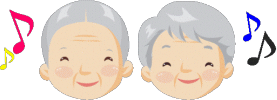 高齢者の男女が笑顔で並び、音符が周囲に描かれたイラスト。医療・福祉体験プログラムの楽しさを表現。