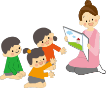 子どもたちに絵本を読み聞かせる女性と、楽しそうに反応する子どもたちのイラスト。