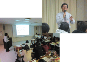 福島県立医科大学での講義中、参加者が熱心に聴講している様子。講師が検査値について説明している。