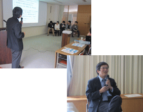 福島県立医科大学での講義中、講師が参加者に向けて話している様子。参加者は後方で聴講している。