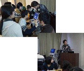 第26回福島アドバンスド・コースでエコーを学ぶ参加者たちの様子。講師が説明し、受講者が機器を操作している。