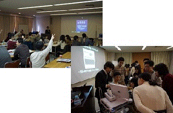 第26回福島アドバンスド・コースの参加者がエコー機器を使って学ぶ様子。講義と実習が行われている。