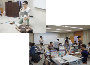 第28回福島アドバンスド・コースの参加者が実技を行い、包帯やシーネの使い方を学んでいる様子。