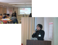 福島県立医科大学でのプレゼンテーション中の参加者たちと講演者の様子。