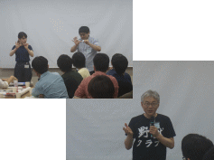 福島アドバンスド・コースでの鵜山先生のマジック実演と山中先生の講演の様子。参加者が熱心に聴いている。