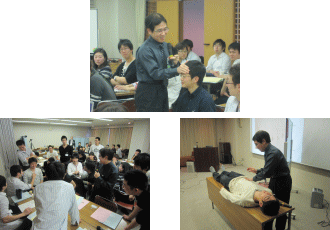 福島県立医科大学の講義で、参加者が実践的な医療技術を学ぶ様子。