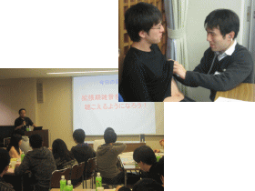 第5回福島アドバンスド・コースの参加者が心音聴診を学ぶ様子と講師の指導風景。