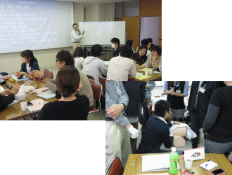 福島県立医科大学の研修で、参加者がグループで学び合い、講師がホワイトボードで説明している様子。