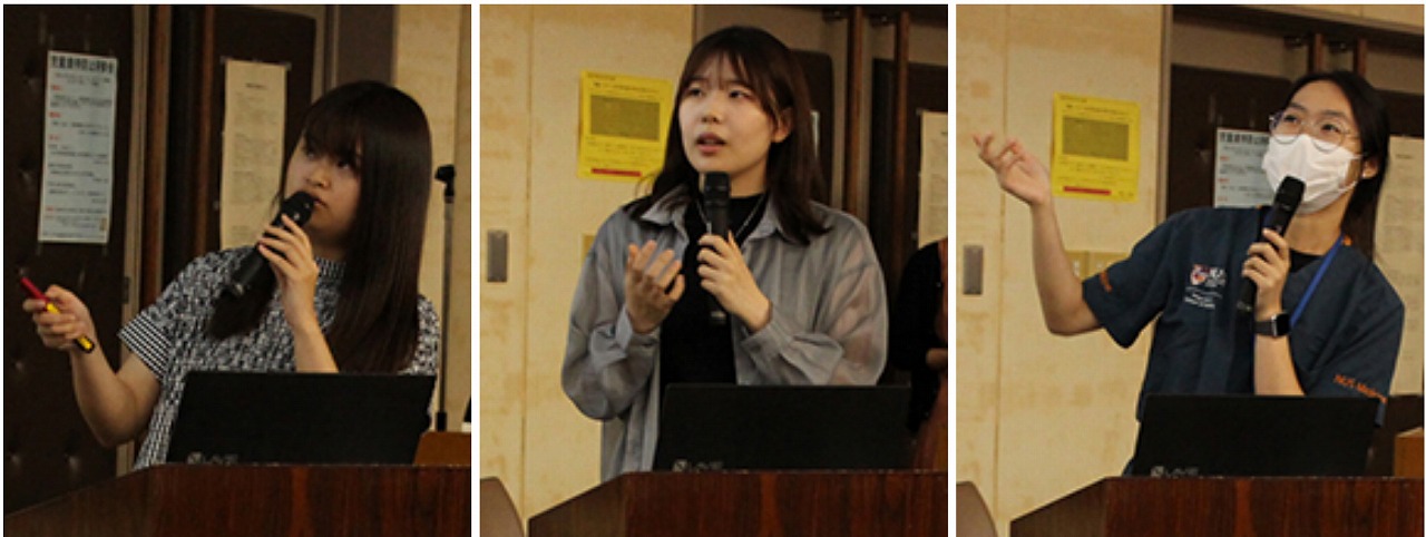 国立シンガポール大学医学部留学生交流会で発表する3人の学生。