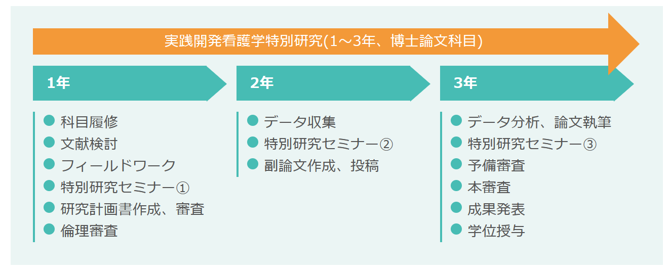 教育課程の履修や博士論文作成のスケジュールを示すフローチャート。
