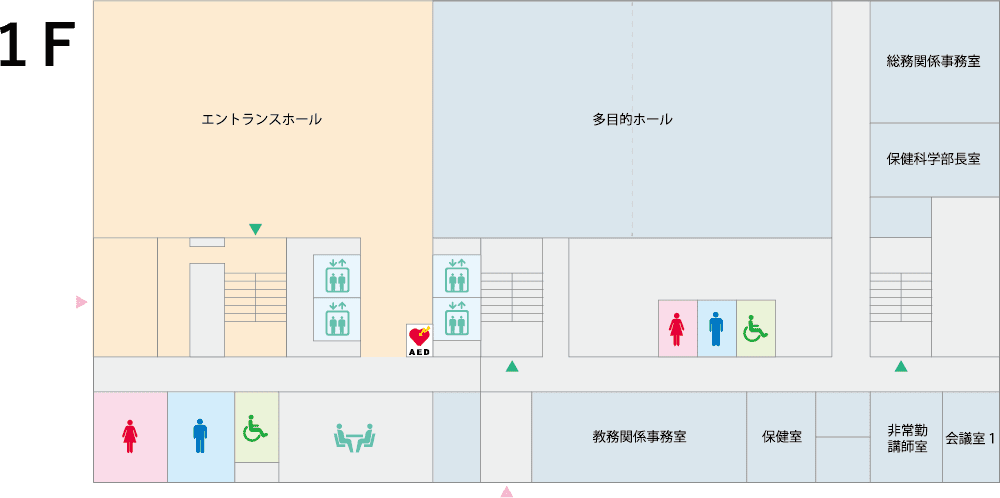 福島県立医科大学の1階フロアマップ、エントランスホールやトイレの位置が示されています。