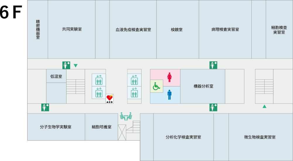 福島県立医科大学の施設案内図。エレベーターやトイレの位置が示されている。