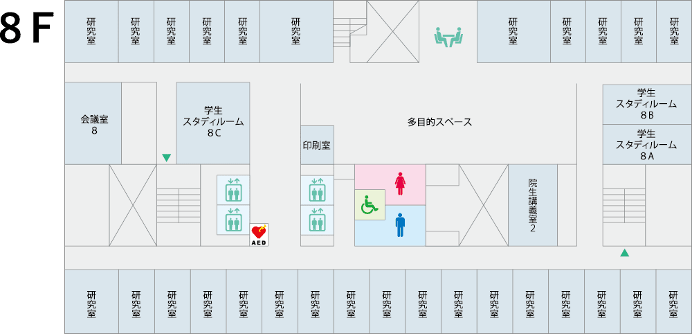 福島県立医科大学の施設案内図。多目的スペースや階段、エレベーターの位置が示されています。