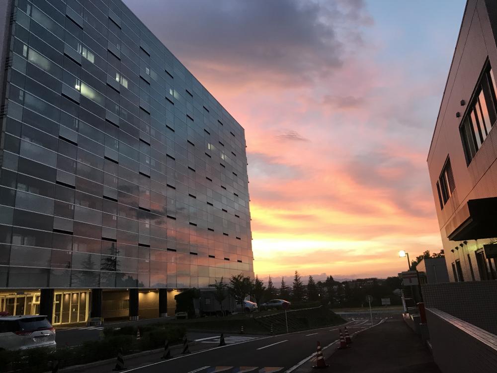 福島県立医科大学の近くで夕焼けが映える風景、ガラス張りの建物と周囲の緑が美しい。