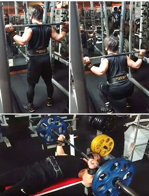 筋トレを行う男性が、ベンチプレスやスクワットをしているジムの様子。筋力アップに励む姿勢が印象的。