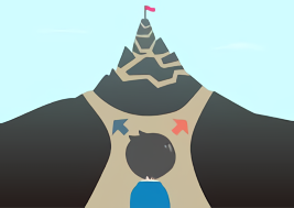 進路に悩む人物が山を前に立ち、左右に分かれた道を見つめているイラスト。選択の重要性を象徴。