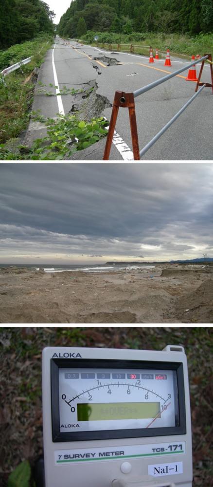 2011年の東日本大震災後の福島の道路の破壊状況、津波による影響、放射線測定器の表示。